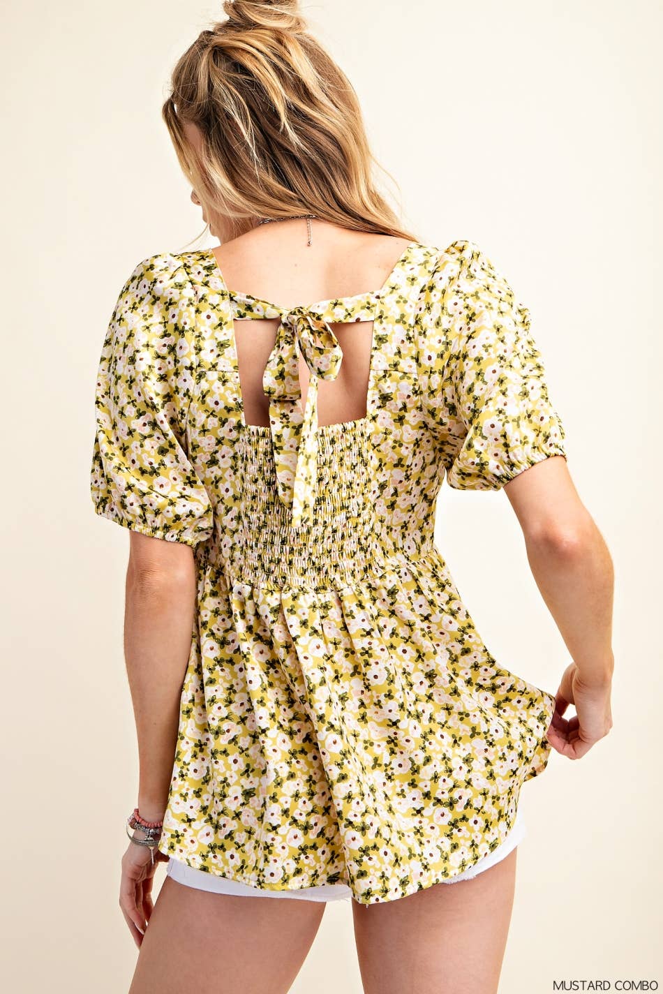 Babydoll Puff Sleeve Tie Back Top - Yellow