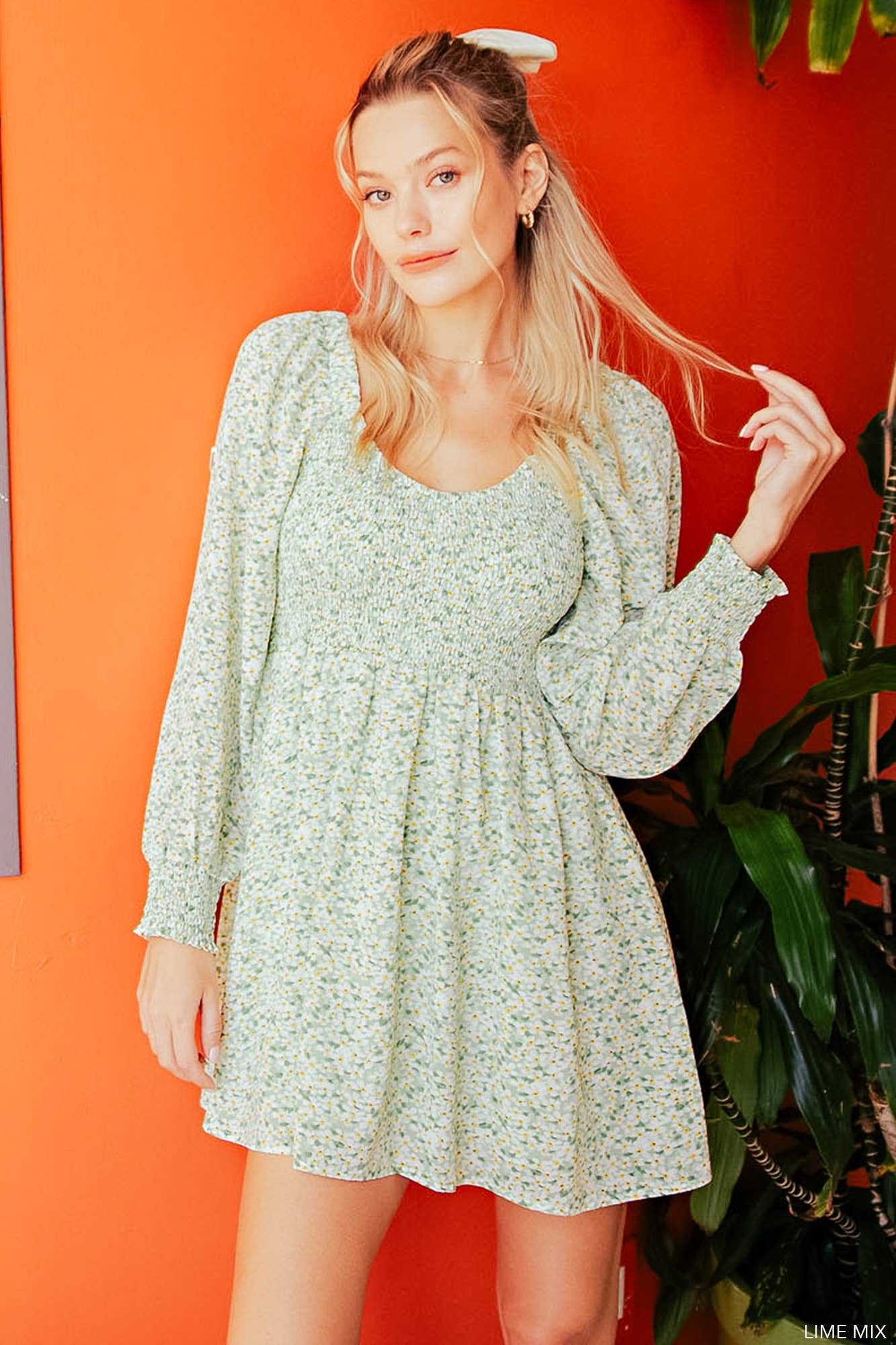 Floral Print Babydoll Dress - Lime Mix