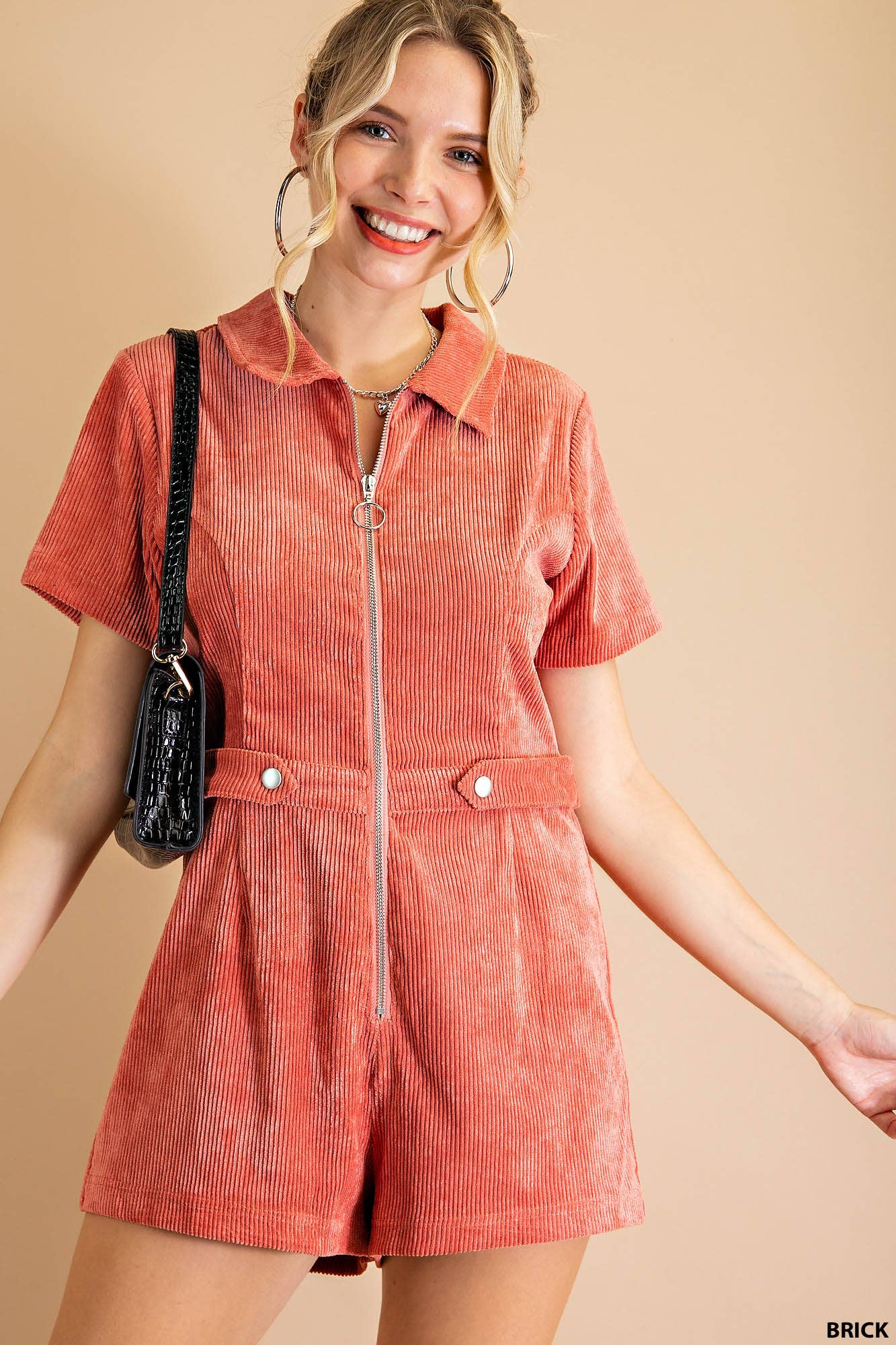 Soft Corduroy Front Zipper Romper