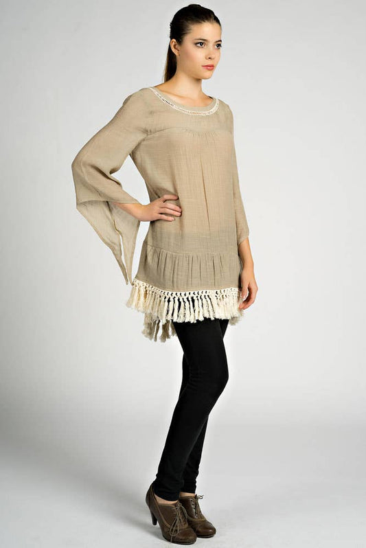 Fringe Tunic Top - Taupe