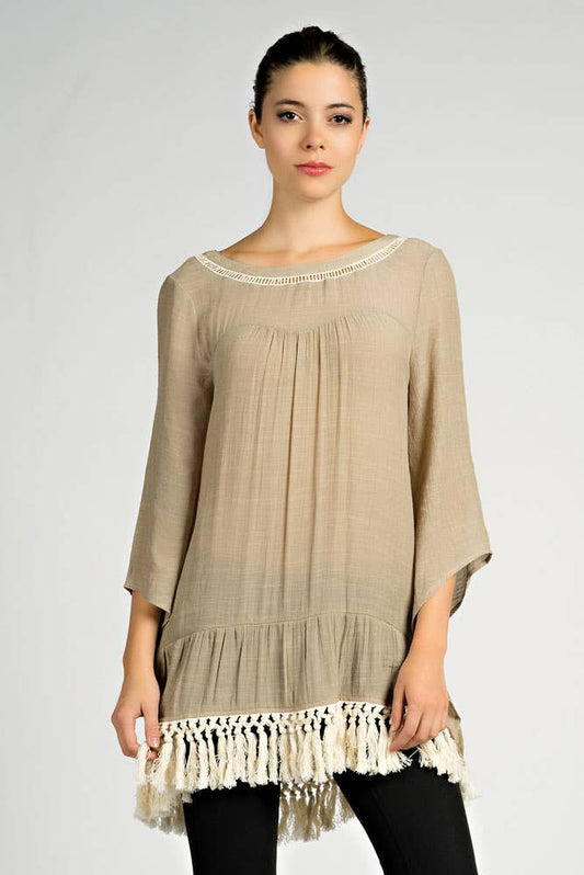 Fringe Tunic Top - Taupe