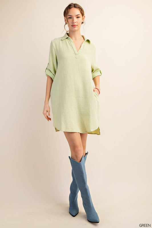 Cotton Button Tap Mineral Washed Shirt Dress