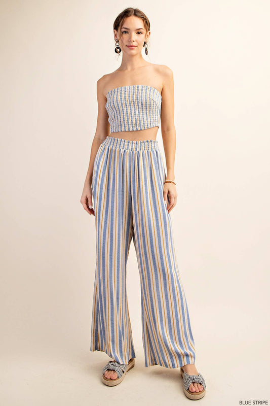 Striped Smock Bandeau Top and Palazzo Pant Set