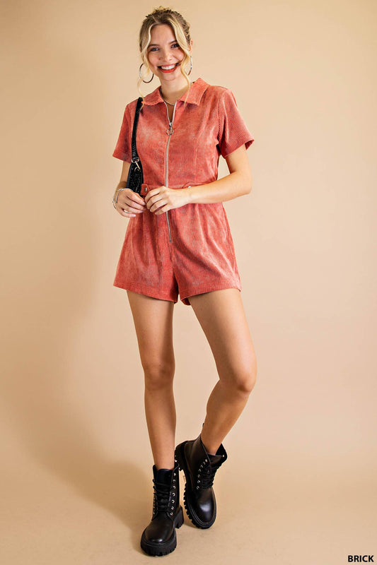 Soft Corduroy Front Zipper Romper