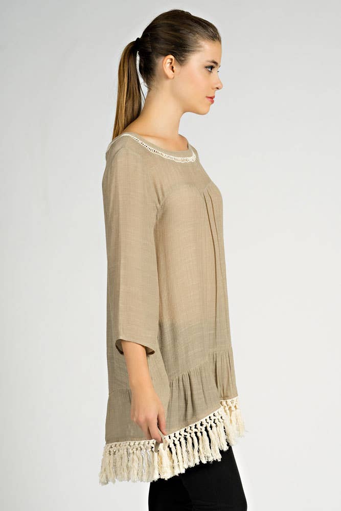 Fringe Tunic Top - Taupe