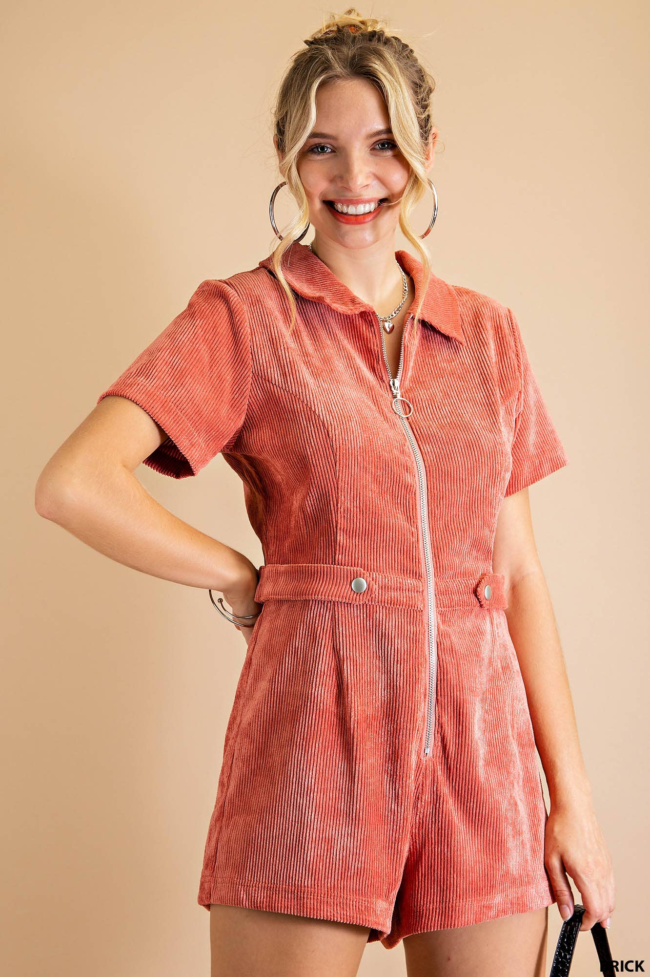 Soft Corduroy Front Zipper Romper