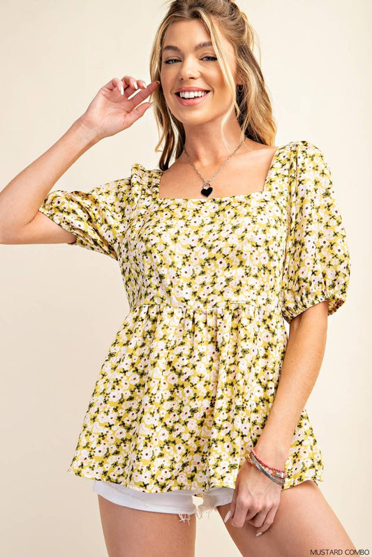 Babydoll Puff Sleeve Tie Back Top - Yellow