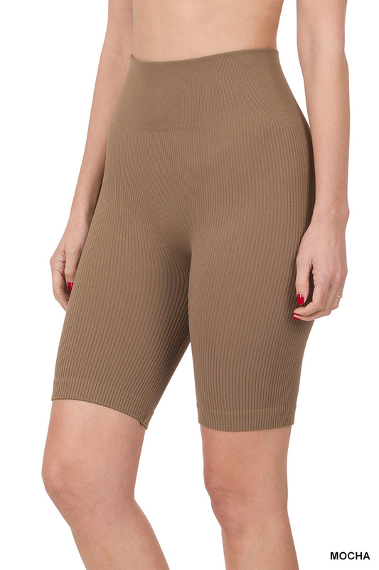 Tan Ribbed Biker Shorts